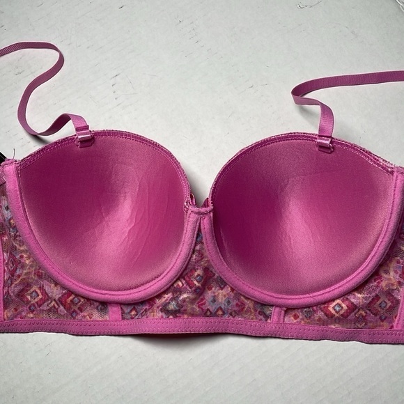 BLACK FUCHSIA Bra 36B Push Up Wide Band Stretch Lace Pink Geo Print Underwire - Picture 5 of 11